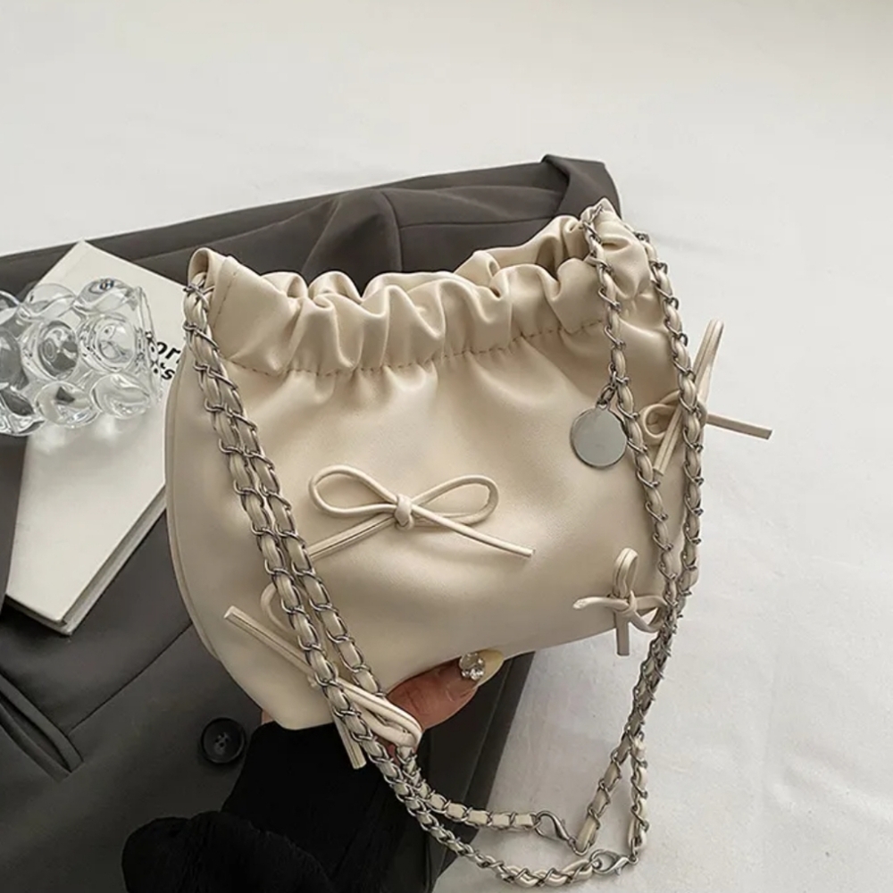 PU Leather Cream‎ Bow Tie Womens Hobo Mini Ribbon Chain Shoulder Bag Purse